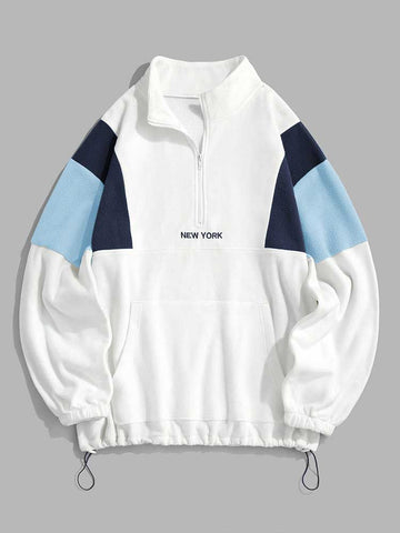 Riolio Hoodie for Men Fluffy Polar Fleece Sweatshirts New York Embroidery Turtleneck Hoodies Pullover Color Block Zipper Sweats